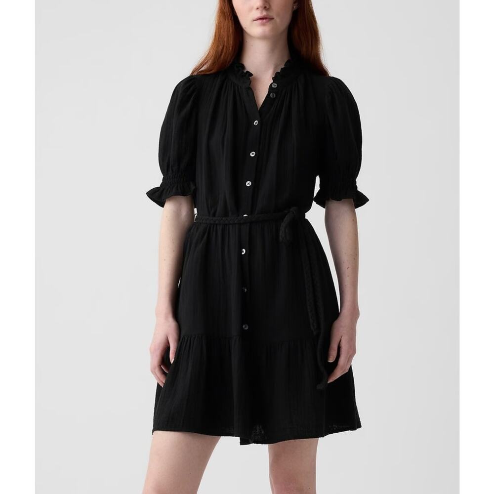 GAP Short Puff Sleeve Belted Crinkle Gauze Tiered Mini Dress Black Small